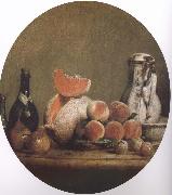 Jean Baptiste Simeon Chardin, Cut melon and peach bottle still life etc
